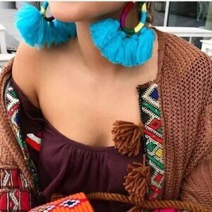 NWT Mochi Hallu Summer Drop Tassel Woven Blue Boho Fringe Crochet Big Earrings